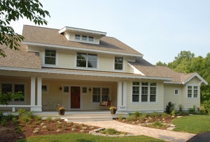 Saugatuck Family Home, view of the north entrance porch, 1 1/2 story design.
